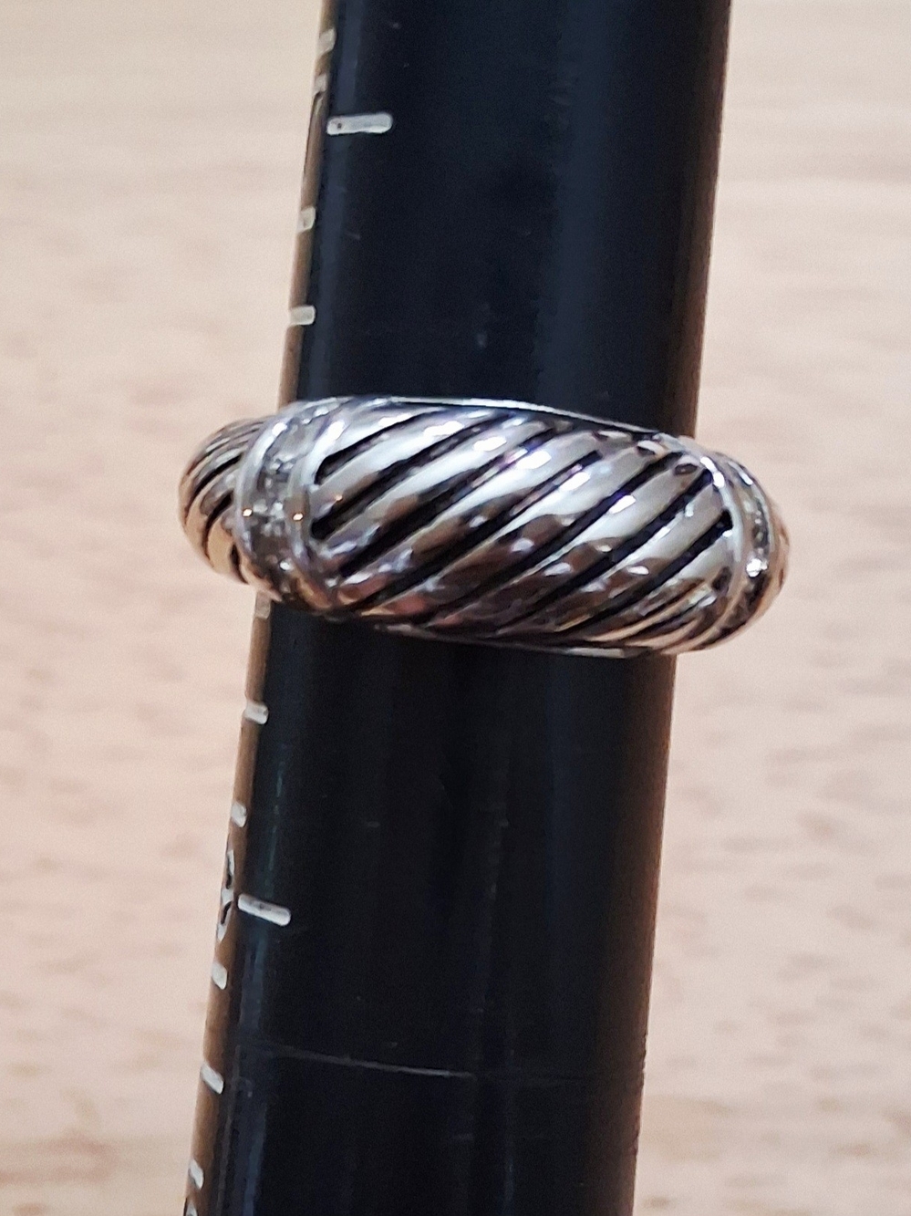 Silver Tone Clear Rhinestone Modernist Cable Ribbed Top Domed Ring Size 8